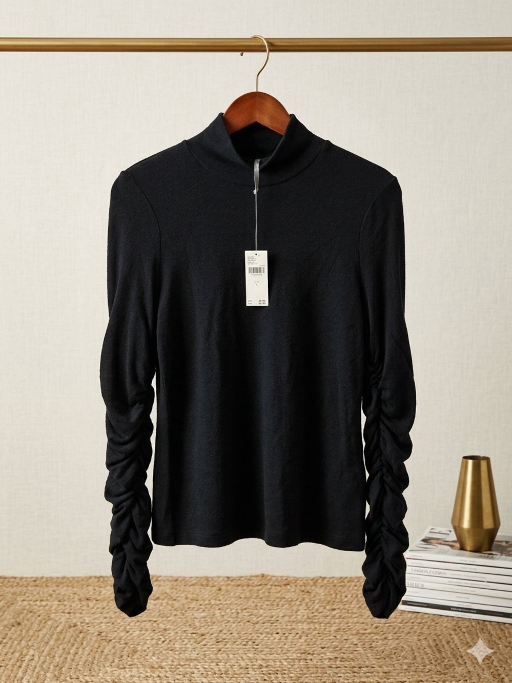 Anthropologie Black Ruched Long Sleeve Mock Neck Top Size S